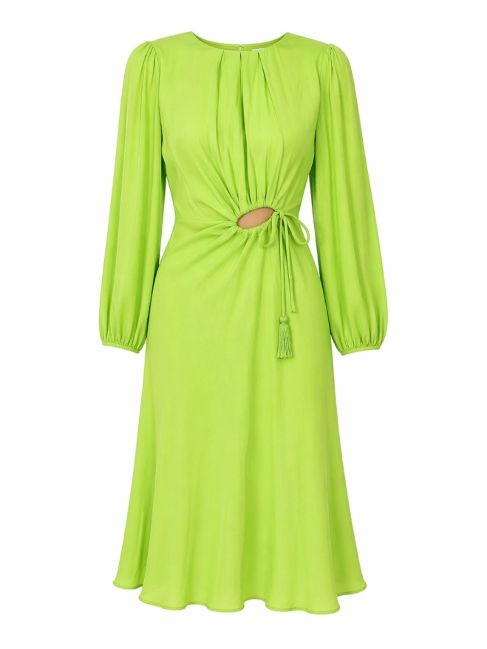FARM Rio Lime Neon Green Circle Cut-Out Midi/Maxi Dress Size L Ruched Front